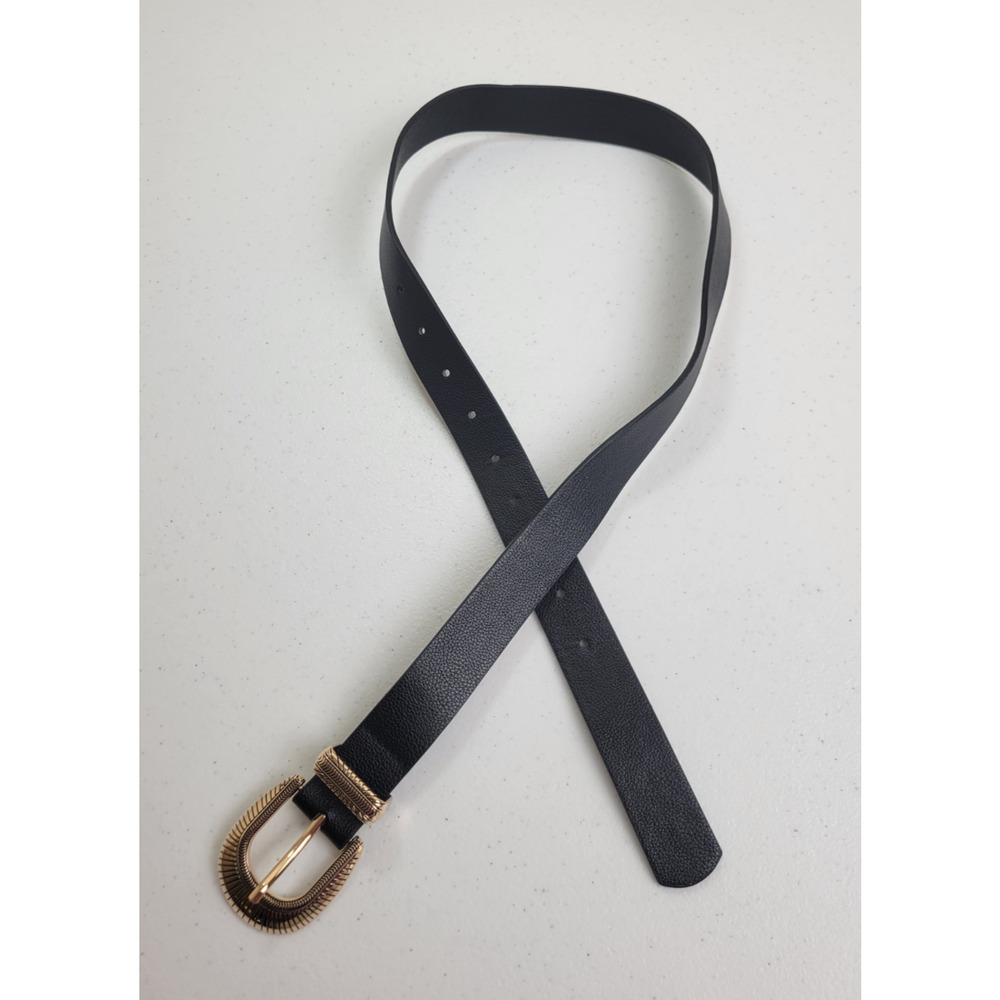 Casual Belt‎ with Gold Buckle Black Faux Leather Pebbled Western Women's 28-33"